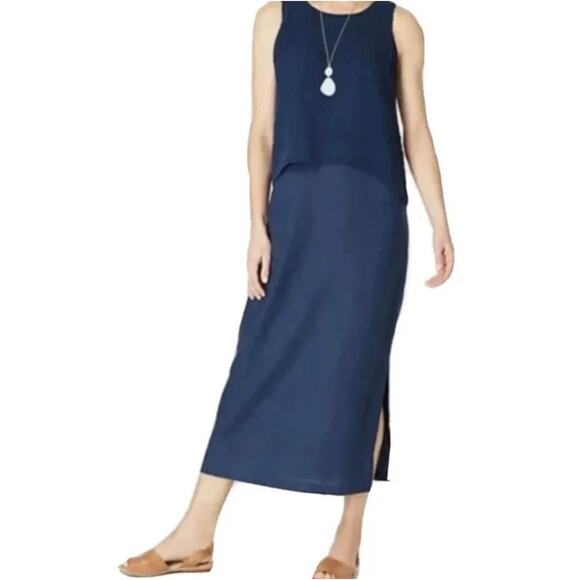 J. Jill Pure Jill Batik Blue Maxi Layered Linen Sleeveless Dress Sz MP Lagenlook - Picture 12 of 12